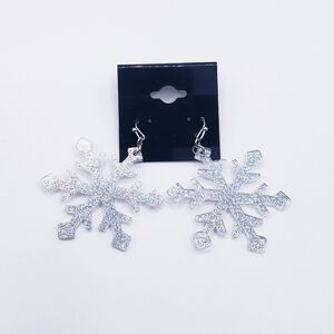 Fun Cute Holographic Silver Snowflake Holiday Dangly Earrings